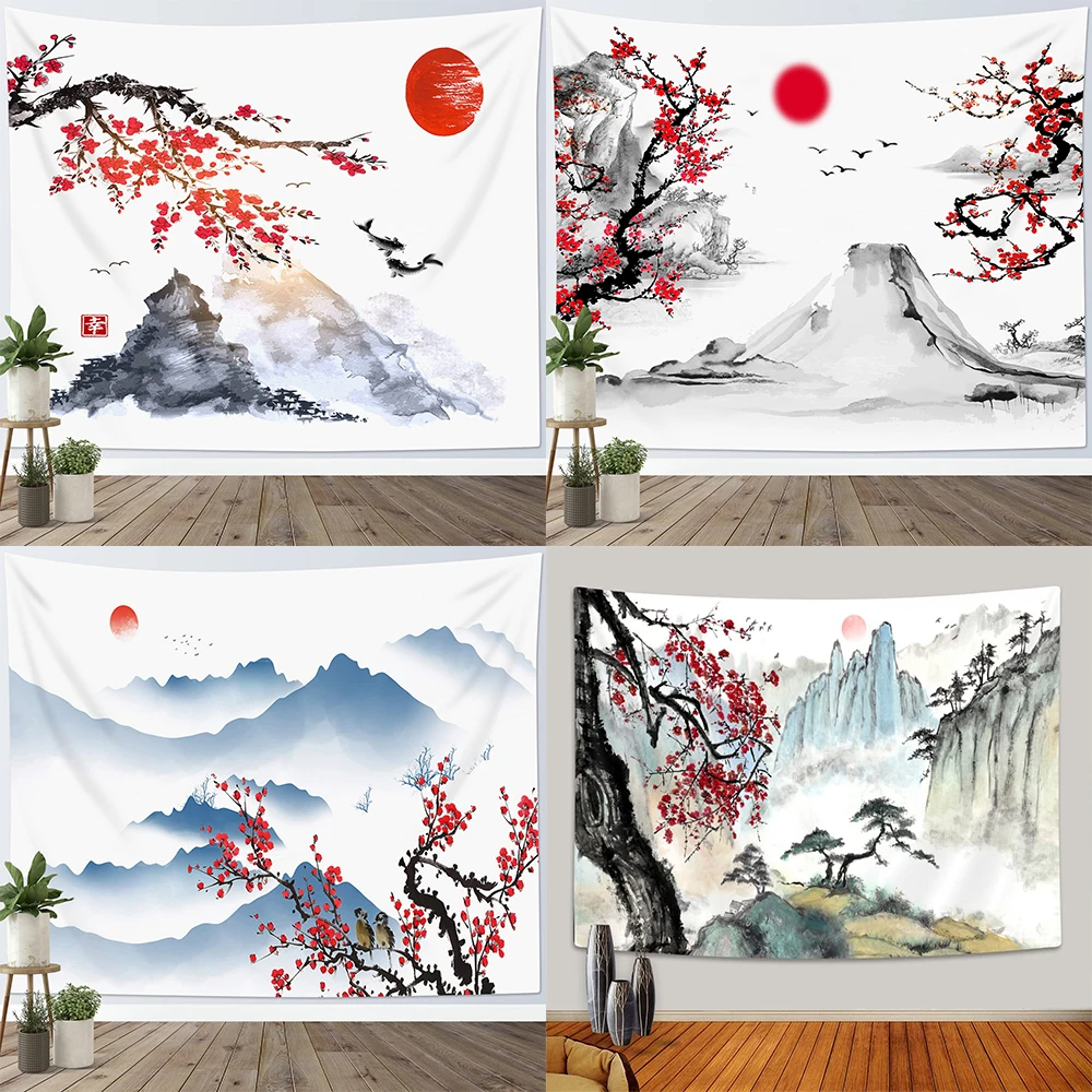 

Chinese plum blossom ink painting natural landscape printing pattern tapestry home bedroom living room wall decoration