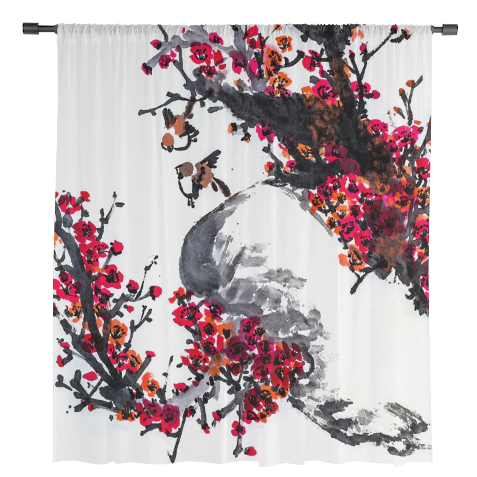 Ink Painting Sparrow Plum Blossom Flower Sheer Curtains for Living Room Decoration Window Curtains Kitchen Tulle Voile Curtains