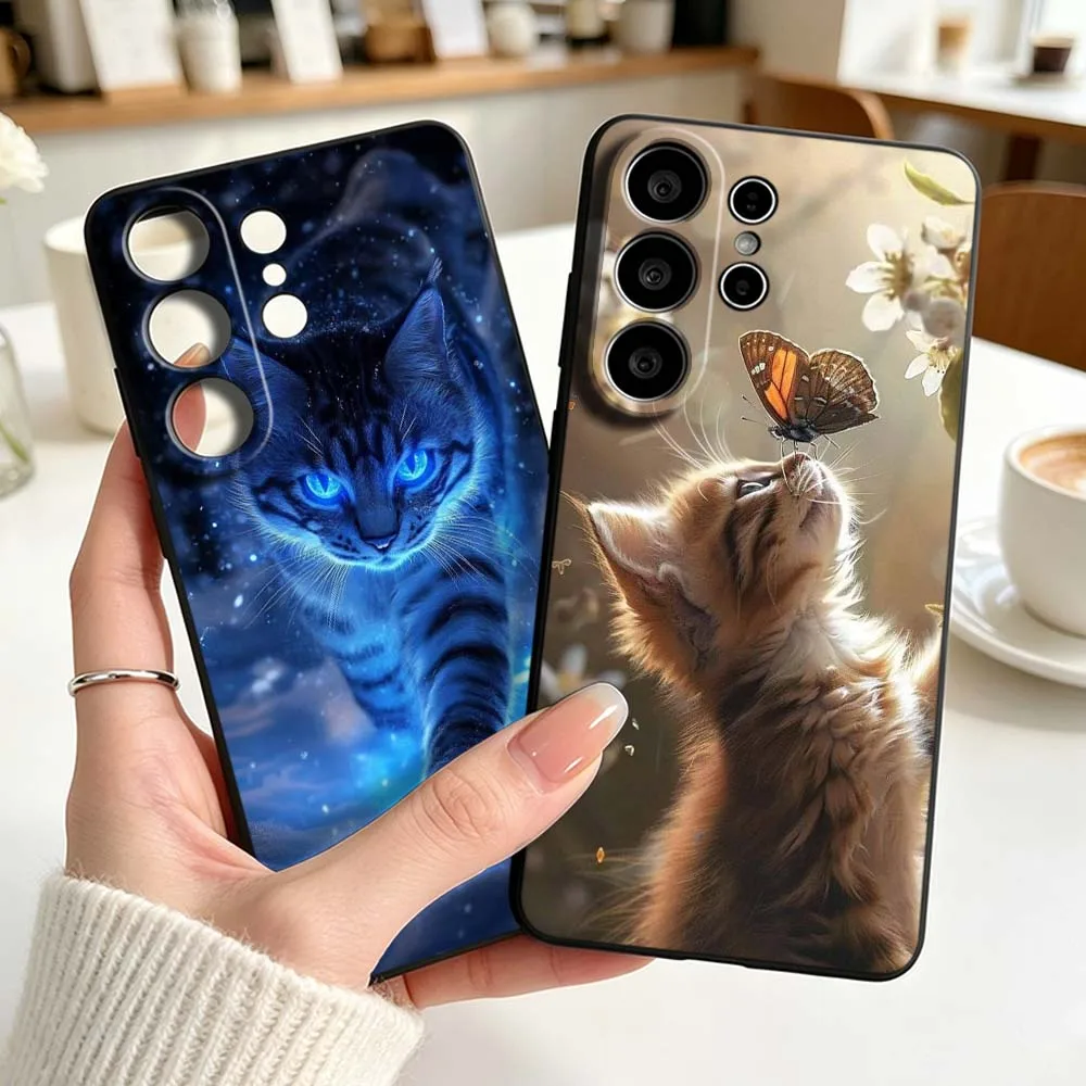 Luxury Cat Pattern Phone Case For Samsung Galaxy S26 S25 S24 S23 S22 S21 S20 Pro Ultra Plus FE Black Silicone Cover