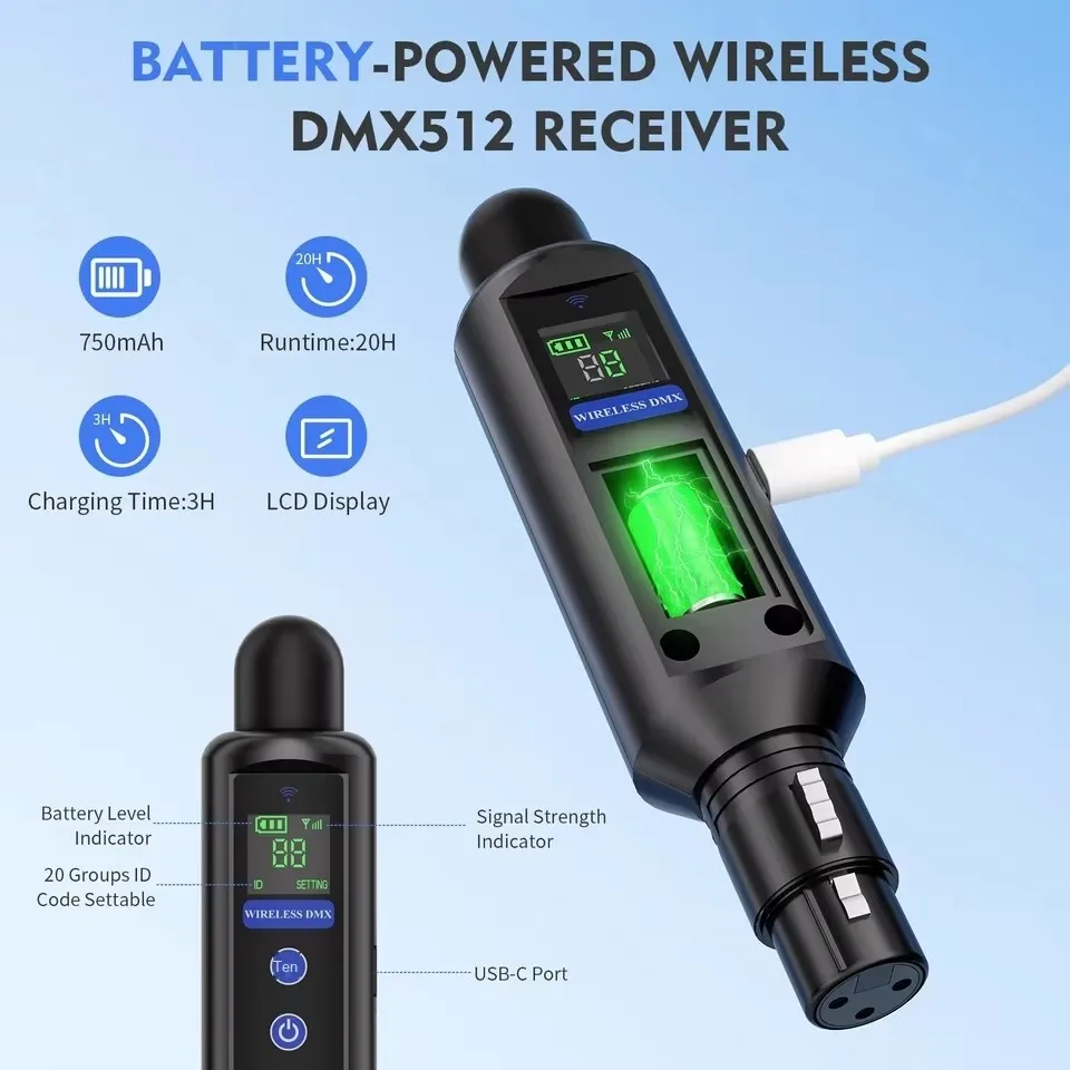 6pcs Protective Storage Case with Built-in 750mAh Battery Receiver & Wireless DMX512 Transmitter LED Stage Lighting Control