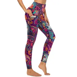 Fioletowe pomarańczowe legginsy Paisley seksowne kolorowe kwiatowe spodnie do jogi na siłownię Push Up Stretch legginsy sportowe kieszenie Kawaii Design legginsy