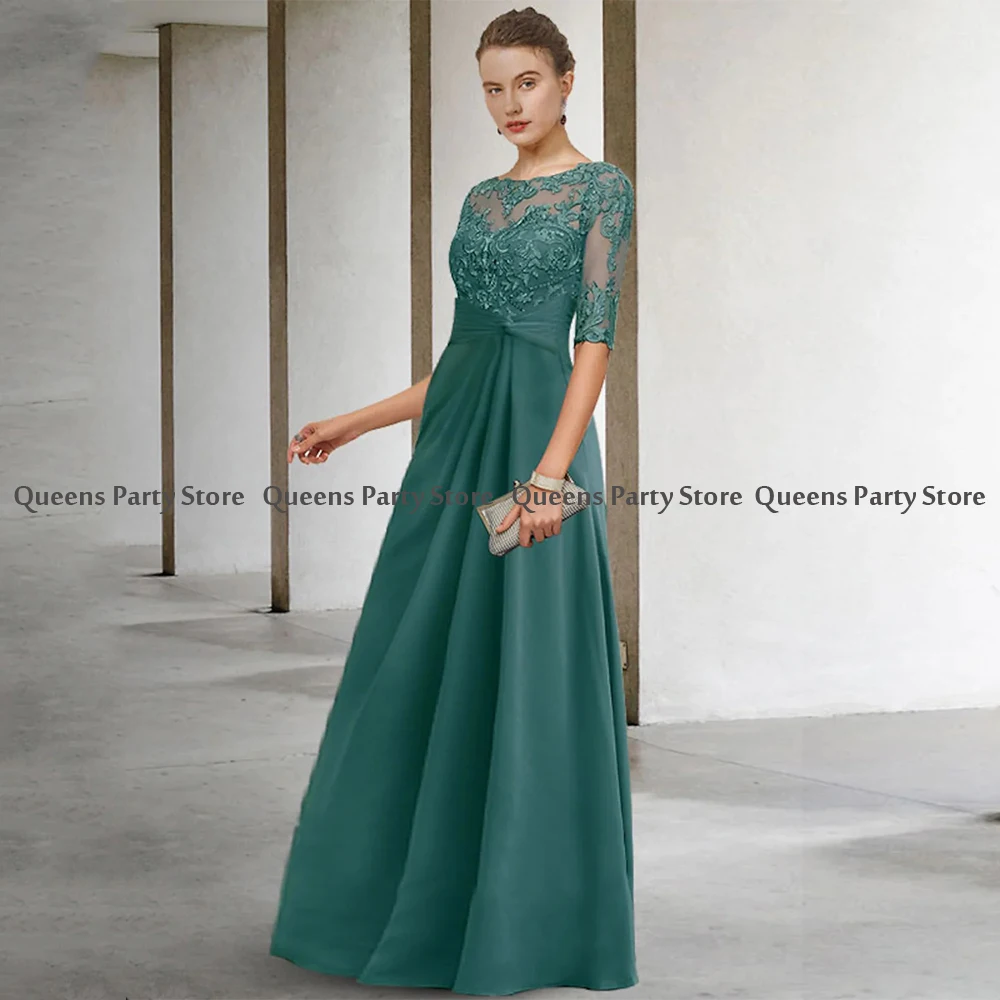 Green Mother of The Bride Dresses for Weddings Customized Half Sleeves Scoop Applique Floor Length Chiffon Wedding Guest Gown