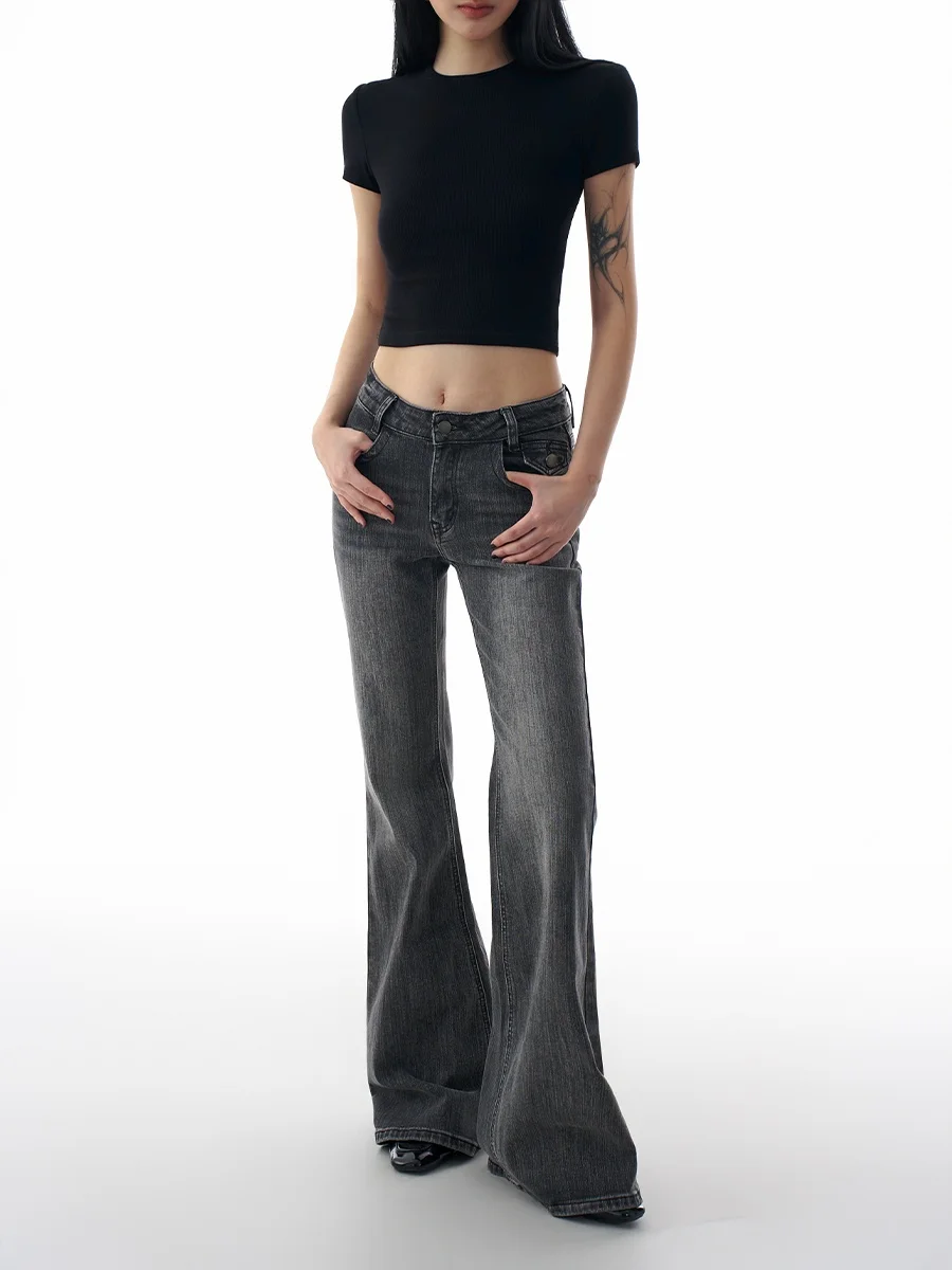 

Джинсы-колокольчики с низкой талией в стиле ретро, женские утягивающие повседневные универсальные длинные брюки, хлопковые джинсы из бамбукового волокна