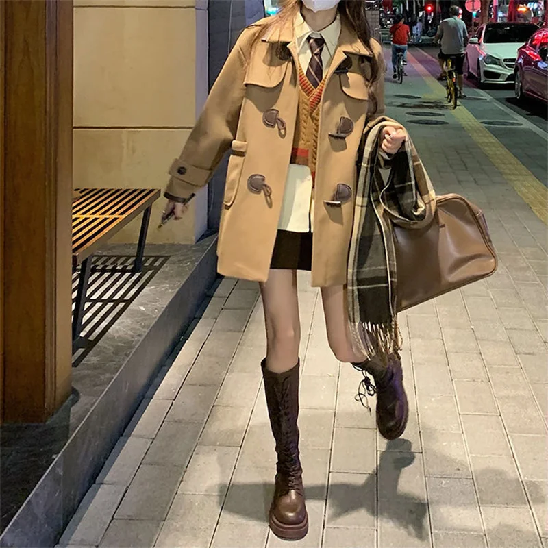 

Winter Long And Short Cowhorn Buttoned Woolen Coat With Cotton Clip Slim Small Figure Korean Style Coat Female Trend Commuting