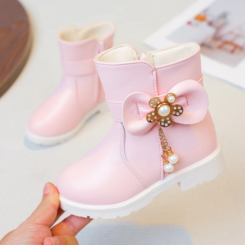 *Fashion Hot Selling Pearl Elegant and Beautiful Girls Boots Winter New Style Round Toe Comfortable Bow Casual Princess Boots