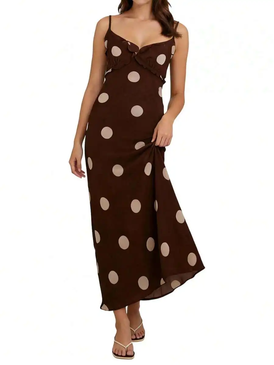 Vestido largo con tirantes finos y estampado de lunares para mujer, vestido largo fruncido para fiesta de verano en la playa