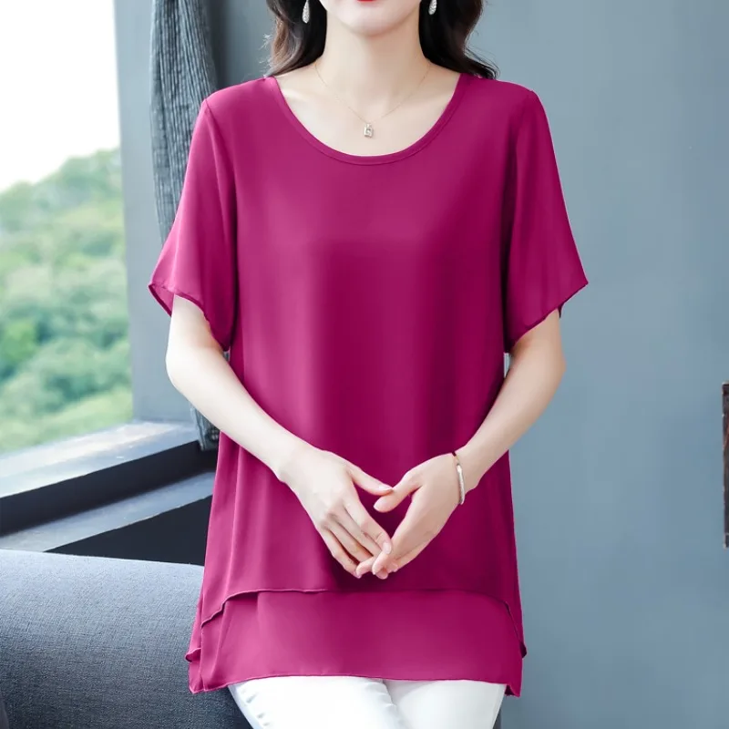 Chiffon Women\'s 2024 Pullover Round Neck Summer Mid Length Gauze Elegant Office Lady Solid Color Loose Slim Short Sleeve Tops