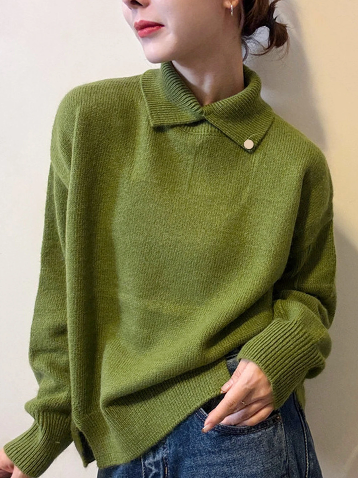 

Comfortable Turn-down Collar Knitwear Lazy Sle Pure Color Winter Top Unique Personali Long Sve Korean Faion Women's ...