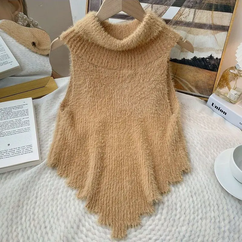 Wholesale Turtleneck Sweater Vest Base Slim Pullovers Women Faux Mink Cashmere Autumn Winter Sleeveless Short Solid Knitted Top