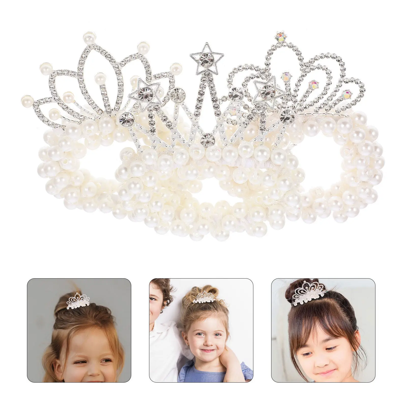 3Pcs Pearl Crown Hair Ties for Girls Adjustable Elastic Ponytail Holders with Exquisite Beading Perfect for Parties Weddings