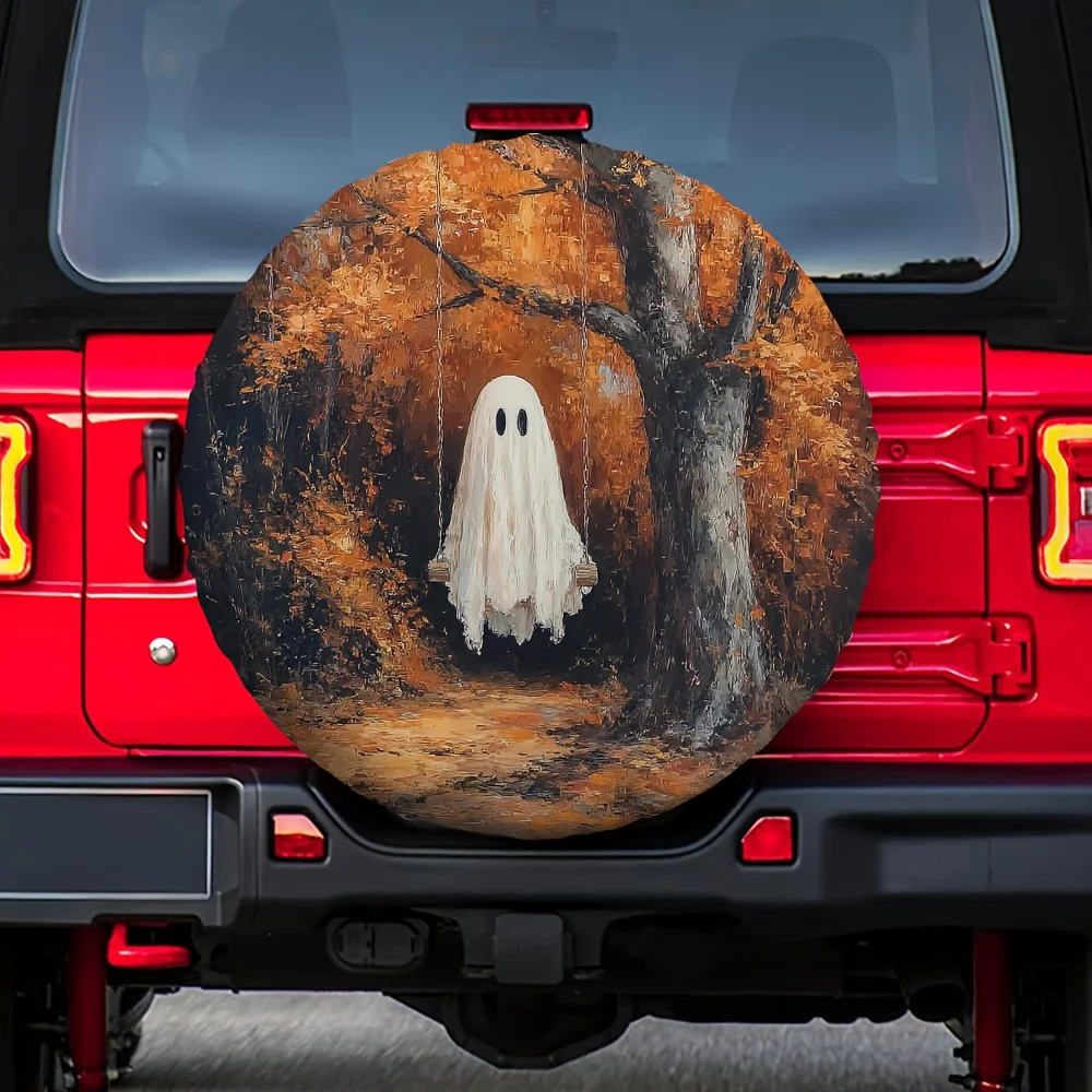 1pc Spooky Tree & Hanging Ghost 2D Flat Print Tire Cover - 100% Polyester, No Electricity Needed, Perfect For Halloween Decor, S