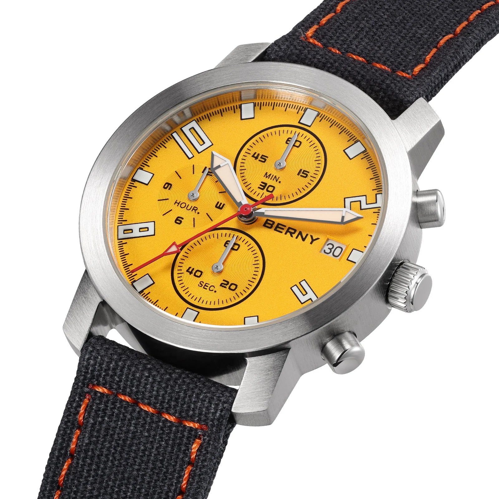 BERNY Chronograph Watches for Men Green Luminous Small Dial Multifunction Lightweight Men's Watch Sapphire 5ATM Waterproof