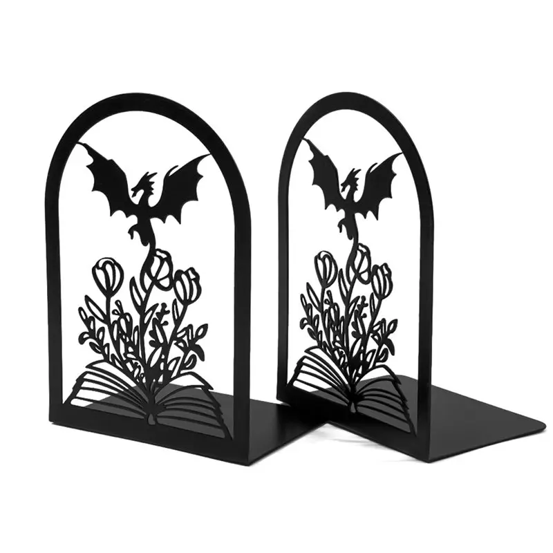Fantasy Decor Bookend Stoppers, Fourth Wing Dragon& Floral Metal Book-Shaped Shelf Stoppers, Non-Slip Best Price