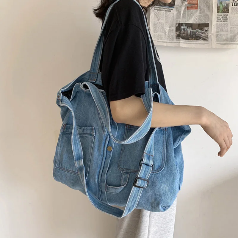 

2026 New Ins Fashionable Simple Messenger Bag Large Capacity Shopping Bag Travel Tote Bag Handbag Denim Crossbody Bag