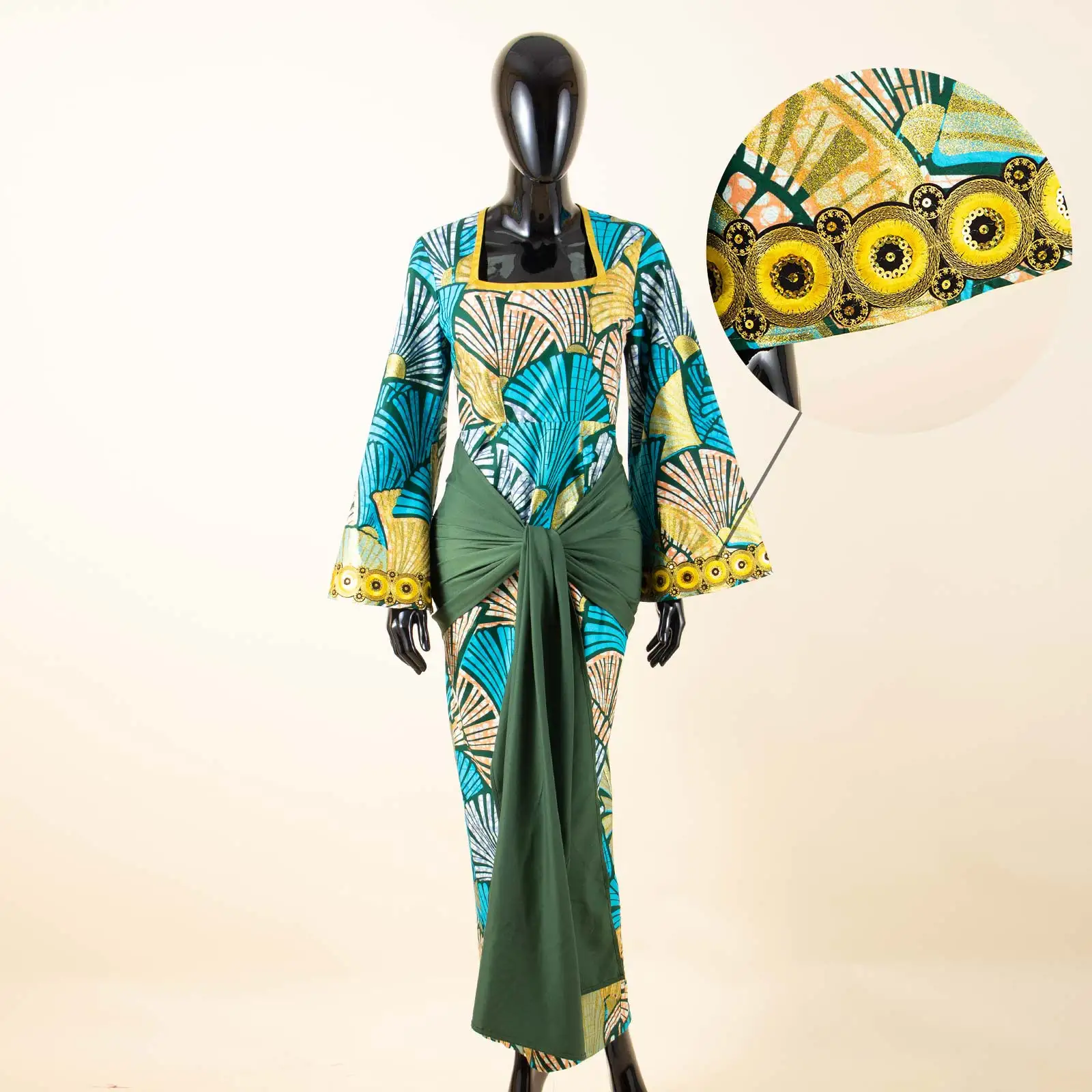 الزي الأفريقي للنساء أنقرة طباعة ساحة طوق كم كامل طول الأرض فستان مع حزام Dashiki فستان الحفلات عادية