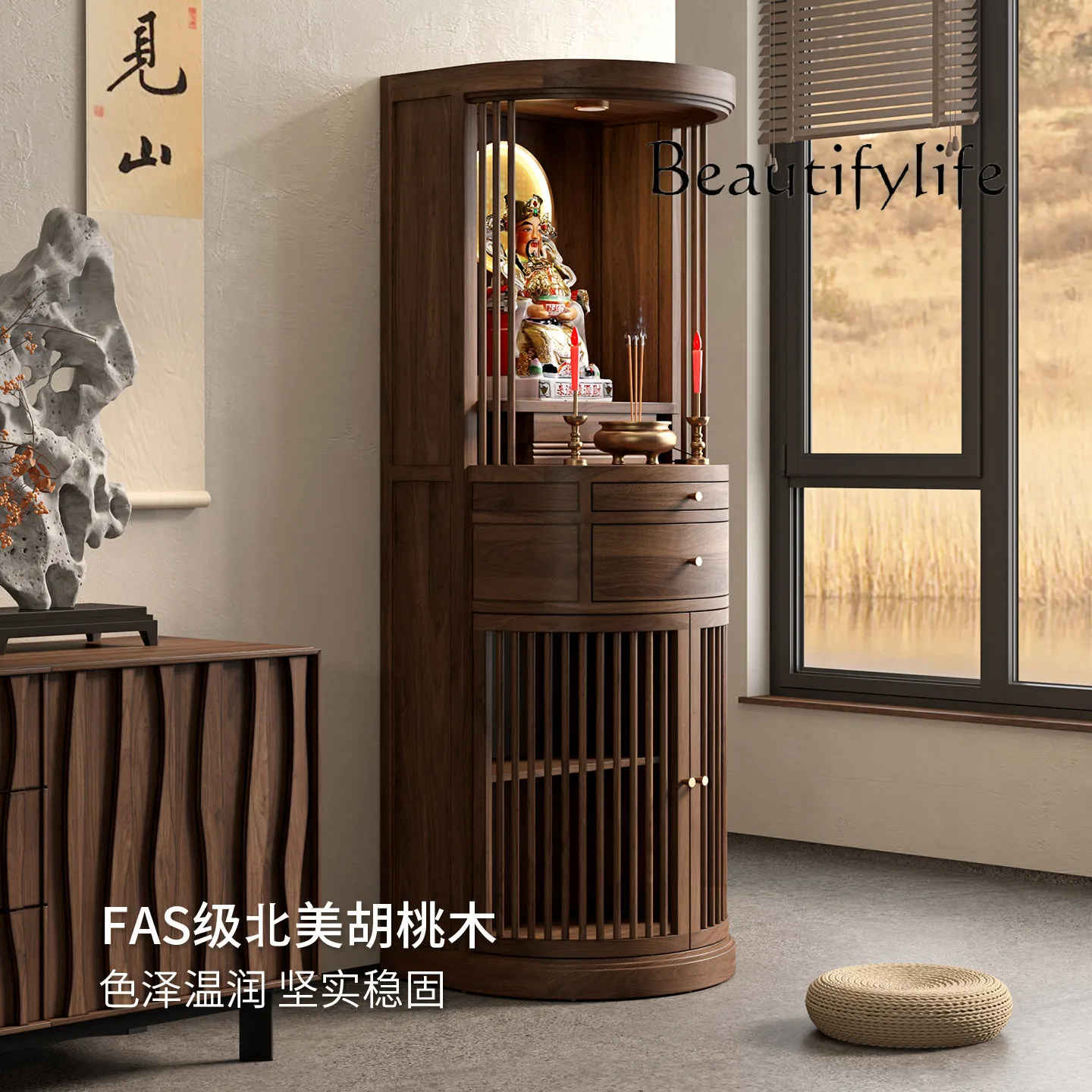 مزار بوذي جديد على الطراز الصيني، طاولة تقديم مزار الجوز الأسود، طاولة مزار gongtai، خزانة بوديساتفا لإله الثروة #3