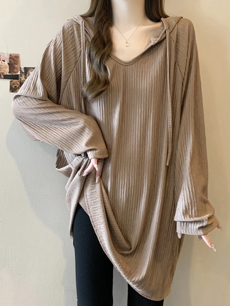 Ladies Long Sleeve Hoodie Sweatshirt Autumn Base Layer Top plus Size Slimming Mid-Length Cover Butt Comfortable Casual Wear
