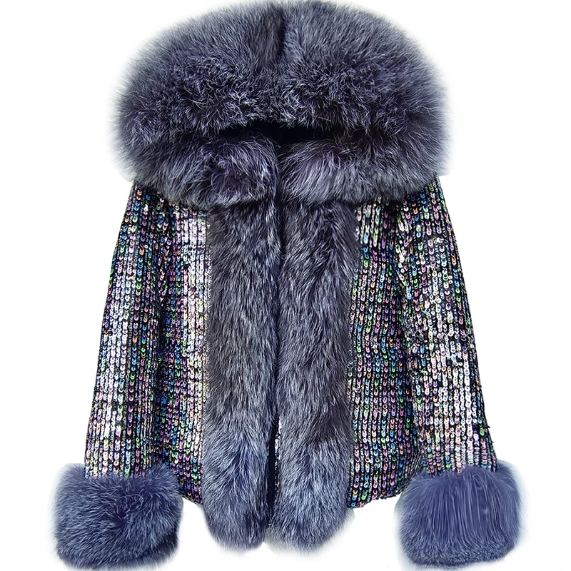 2023 New Down Coat Short and Thickened Winter Silver Fox Collar Hooded Coat with Colorful Sequins in Europe and America for Wome