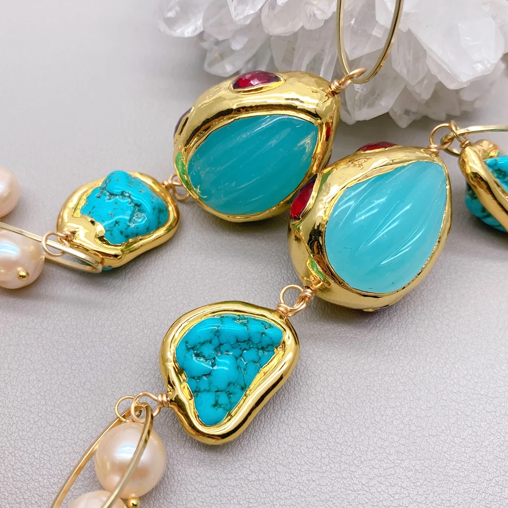Y·YING Freshwater Pink Potato Pearl Blue Turquoise Jade Statement Collar Choker Necklace Designer Jewelry