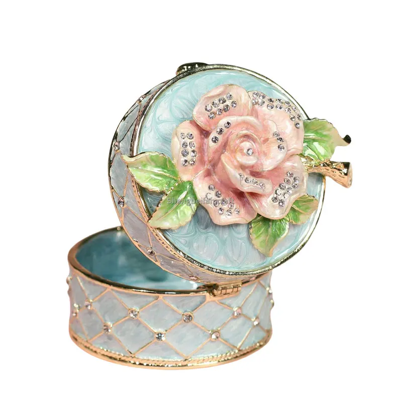 Hand Painted Enameled Light blue Rose  Trinket Box Decorative with Hinged Home Decoration storeage box for jewelry birthday gift