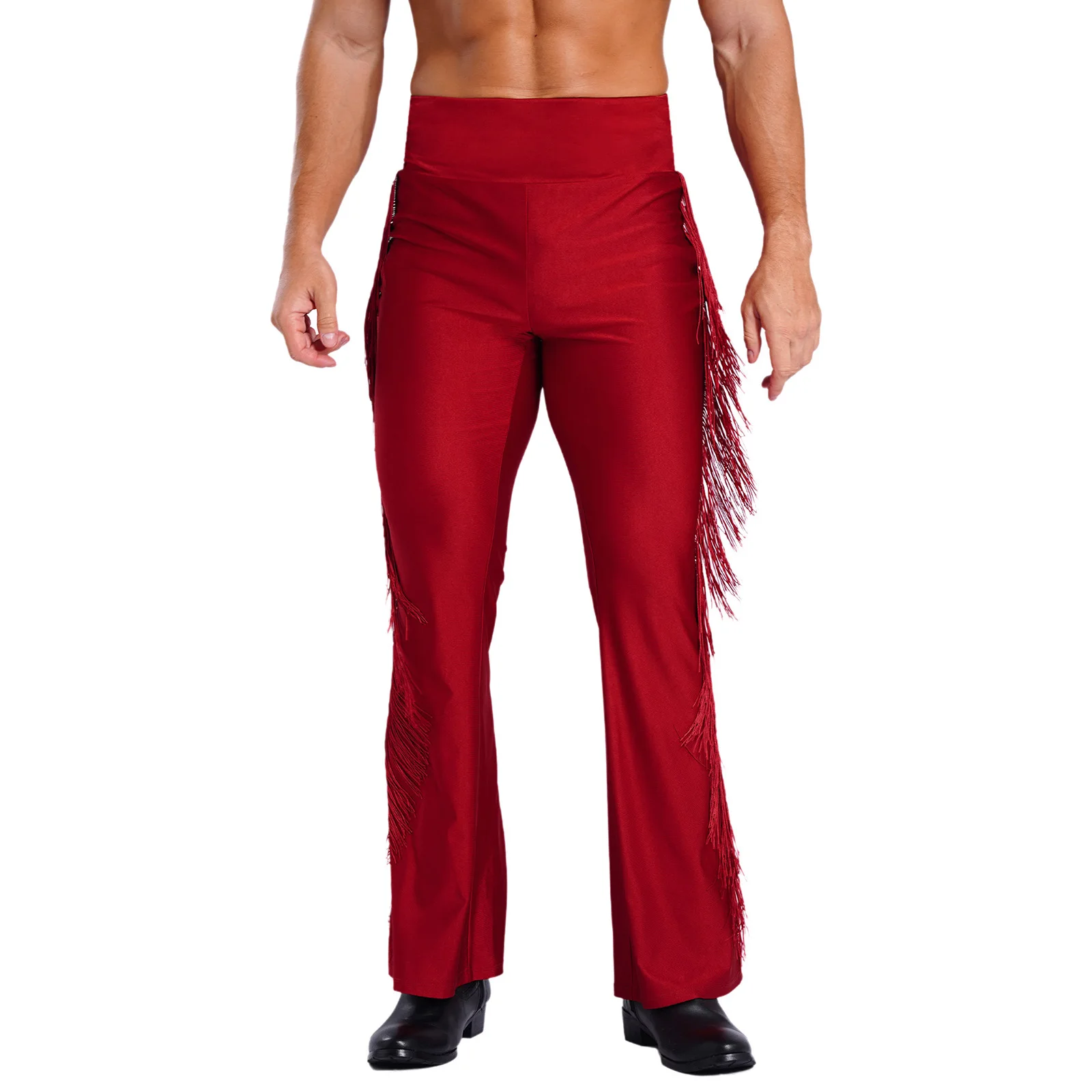 Calça masculina jazz dança latina borla queimada vintage sino-bottom calças de cintura alta para performance de palco clube discoteca festa traje