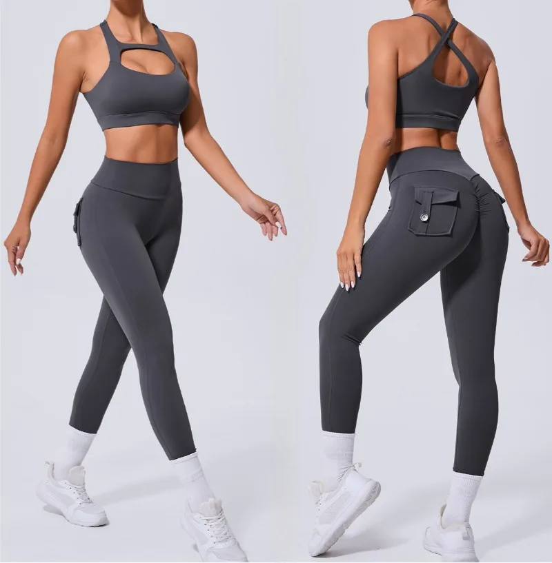 

Women's Seamless Yoga Sets Sports Fitness High Waist Hip-lifting Pocket Pants Beauty Back Vest Suits Workout Gym Leggings Sets