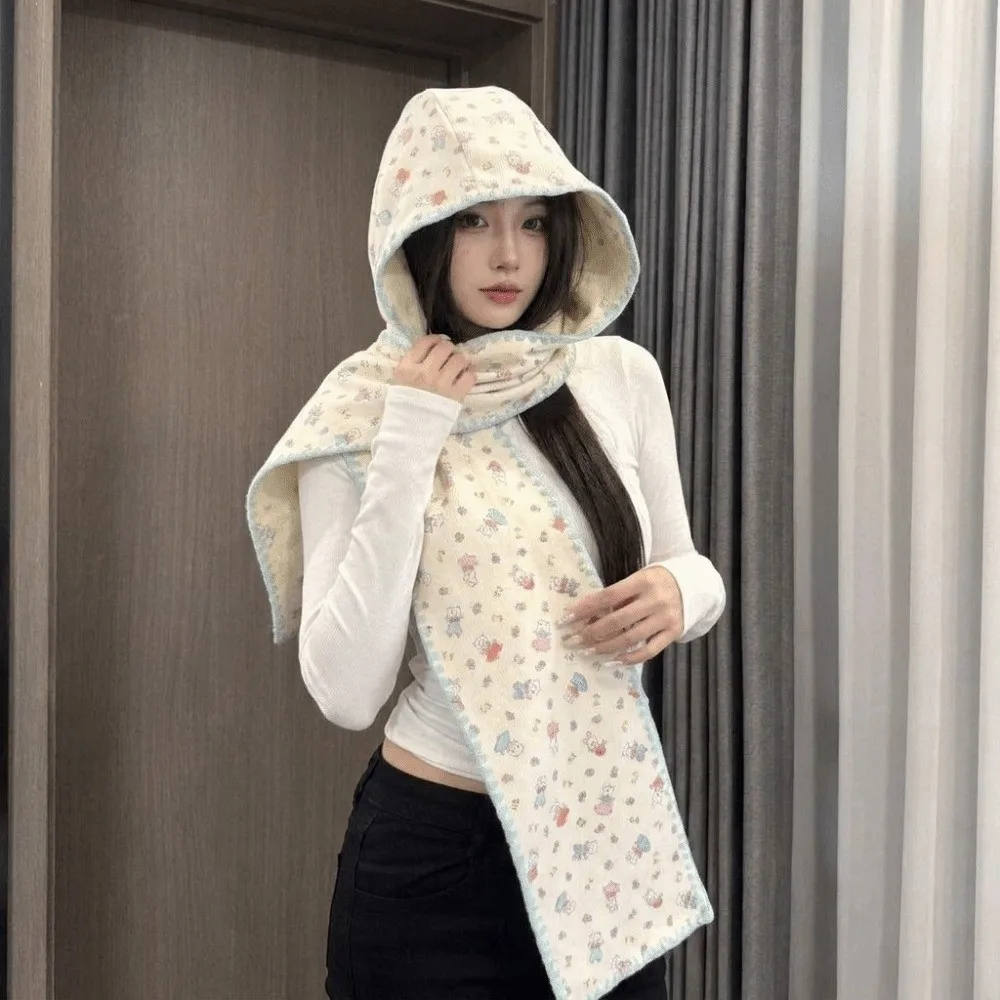 Cute Double-Sided Winter Scarf Hat Warm Floral Print Hooded Earmuffs Scarf Thick Convertible Two-In-One Hat Scarf Outdoor