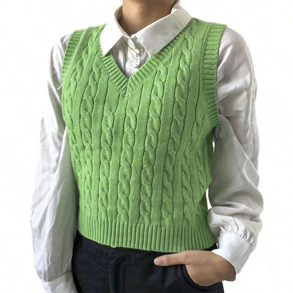 

Women's Y2K V-neck sweater vest, cable knit sweater vest, street wear pullover sweater
