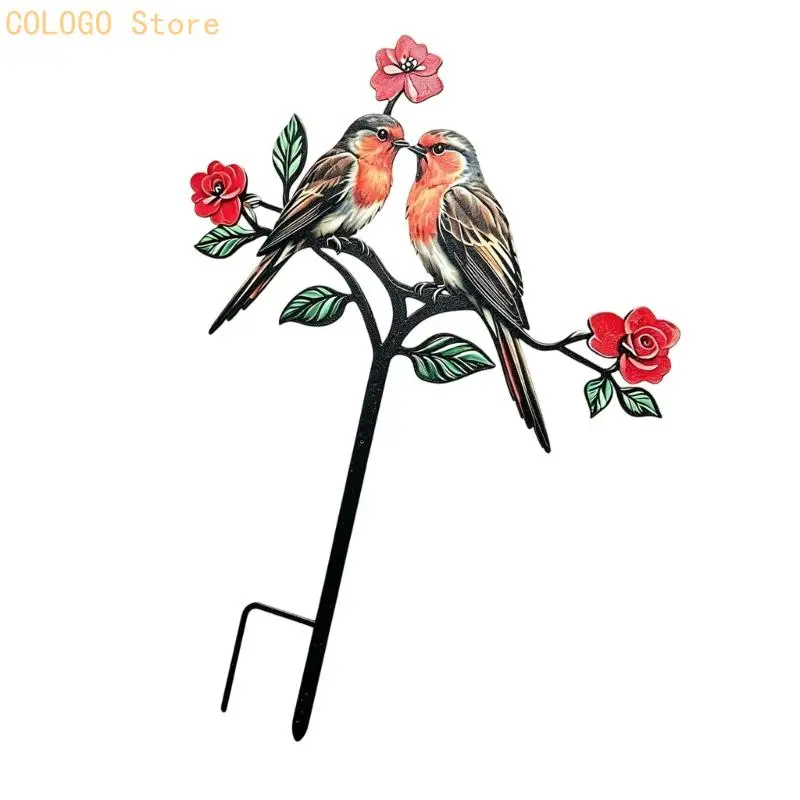Iron Bird Garden Ornaments 2 Pack Red Linnet Sculptures For Yard Flower Bed Deck Metal Stake Deck With Fade Proof Finish D0LD