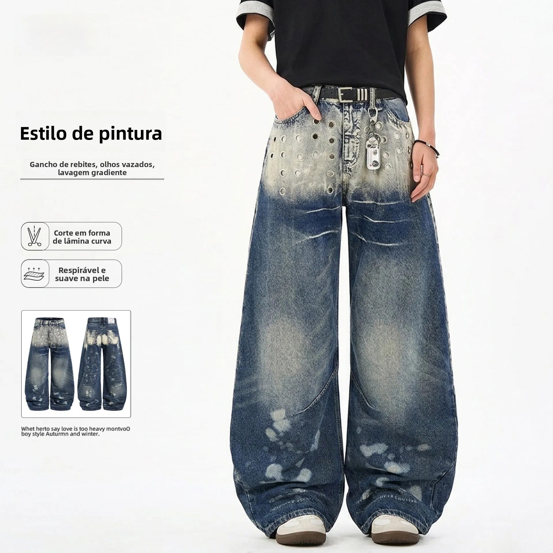 Oreeta Jeans Americanos de Design Robusto, Estilo Metal Punk, Branco Desgastado, Unissex, Calças Longas Casuais de Algodão co...