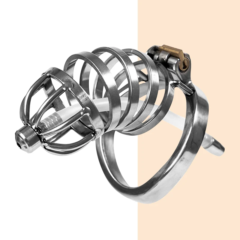 กรงครอบอวัยวะเพศชายโลหะพร้อมสายสวนปัสสาวะ, แบบล็อคได้ ป้องกันการดึงออก ป้องกันการหลุดรอด สำหรับการควบคุมการถึงจุดสุดยอดในกิจกรรม BDSM