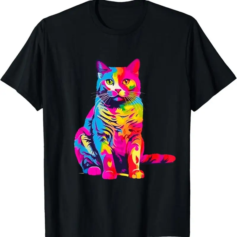 

POP ART CAT Красочная ретро футболка Rainbow Kitten Owner Lover