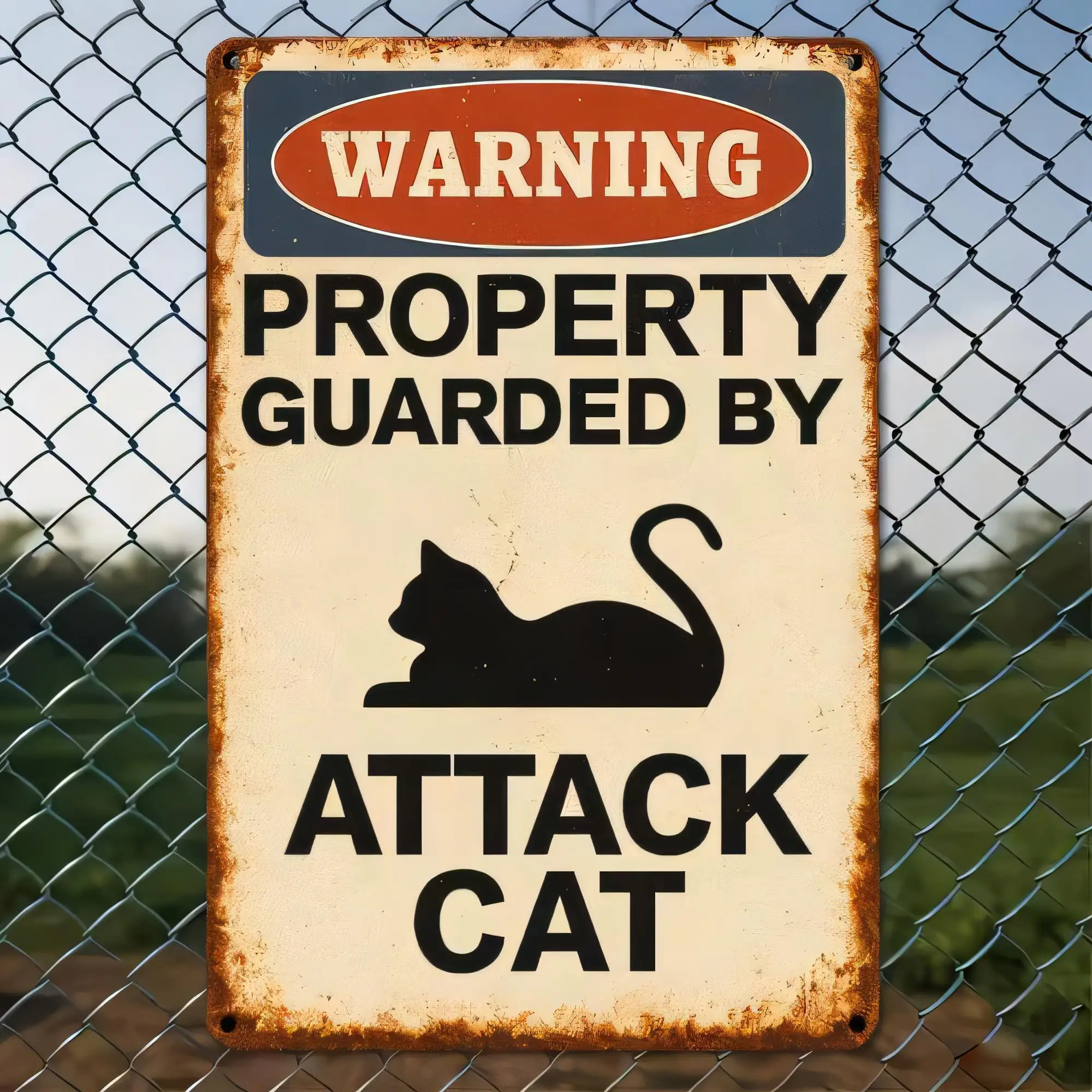 Tin Sign Warning Property Guarded By Attack Cat Funny Cat Wall Decor, Rustic Metal Poster Plaque for Home Kitchen Garage Bar Man