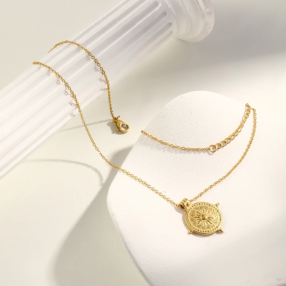 E.B.belle Frosted Surface Acient Sun Compass Pendant Necklace For Woman Ladies New Stee PVD Plated Coin Necklace Gold Jewelry