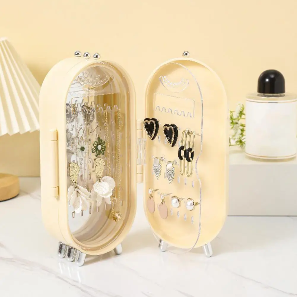 

Jewelry Display Holder with Mirror Multi-layer Foldable Screen Modern Dustproof Desktop Women Earrings Ring Organizer Box