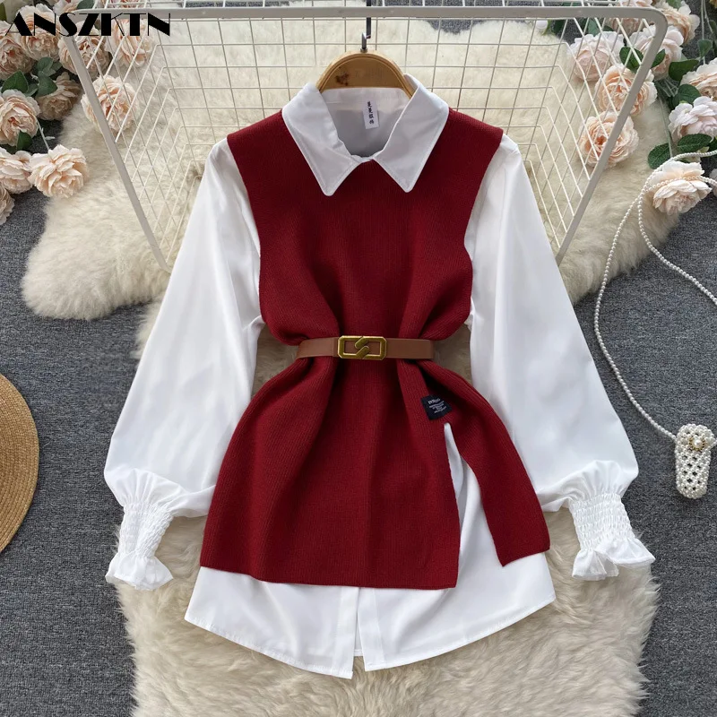 ANSZKTN Womem Spring Autumn College Style Waistband White Long Sleeve Shirt Knitted Vest Two Piece Shirt Top Blouses Shirts