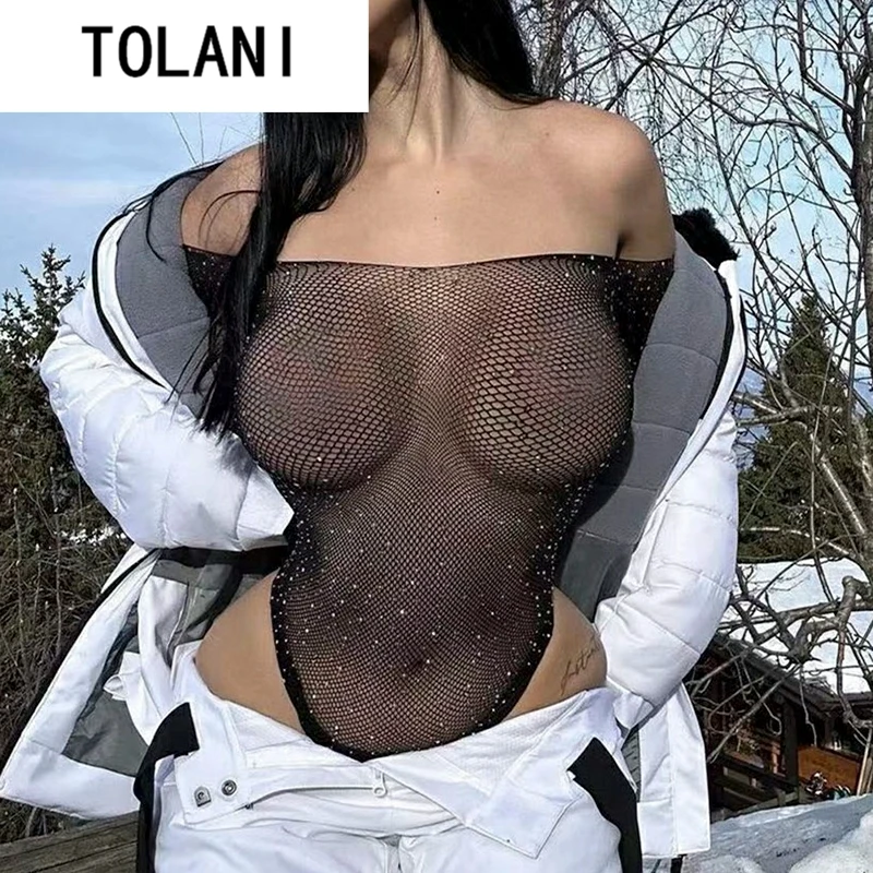 

Sexy Diamond Fiing Net Bodysuit Women's ortie Low Waist Street Sle Bodycon Suit Sparkling or Monokini Modal Fabric