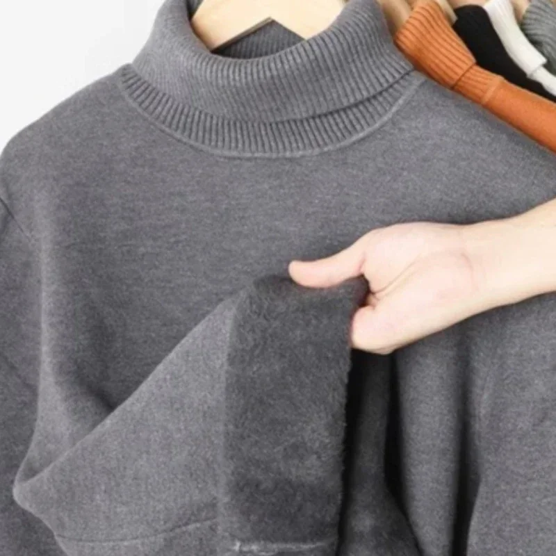 Men's One Piece Fleece Turtleneck Knitted Sweater High Collar Pullover Male Fleece-Lined Lightweight Ribbed Solid Blouse Sweater