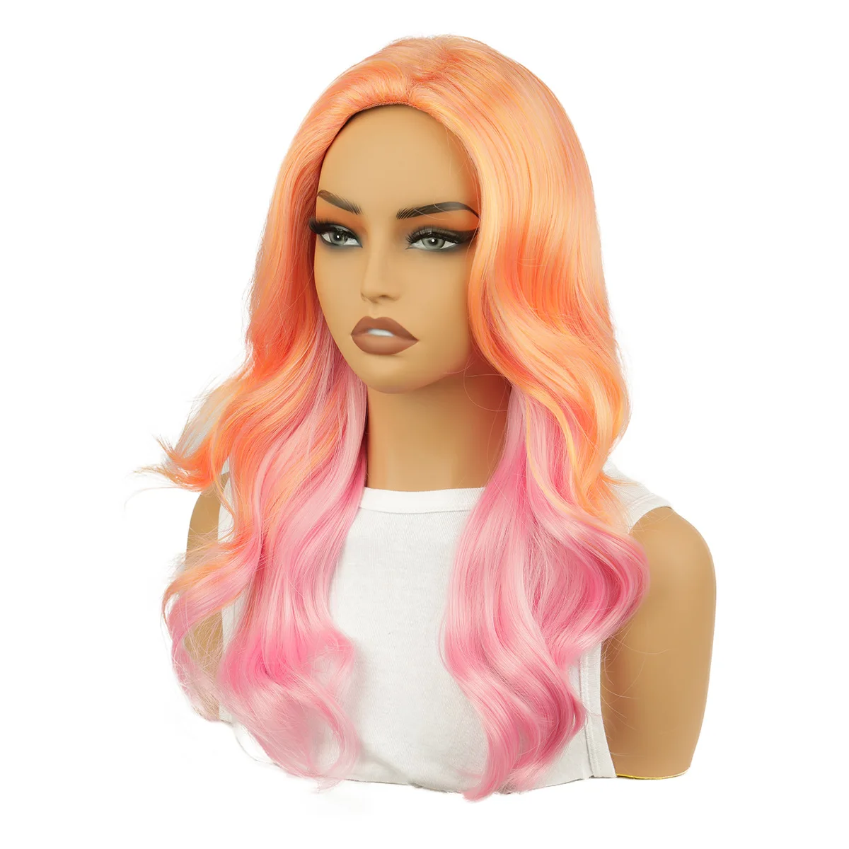 Orange pink highlights wavy partial wig female long curly hair chemical fiber full head cover coswig