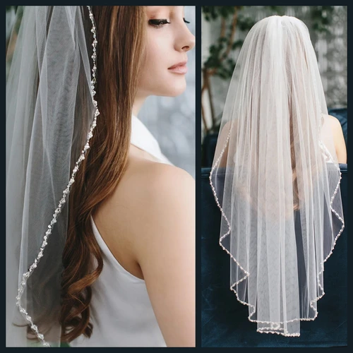 Imagen 1 del producto Velo de novia G136 con pedrería, velo de boda tipo catedral con cristales en el borde, 1 nivel, accesorios para novias.