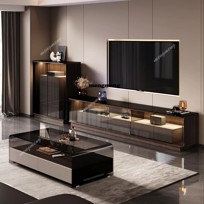 

Italian minimalist TV cabinet coffee table combination with glass door living room light luxury high sense floor light luxury