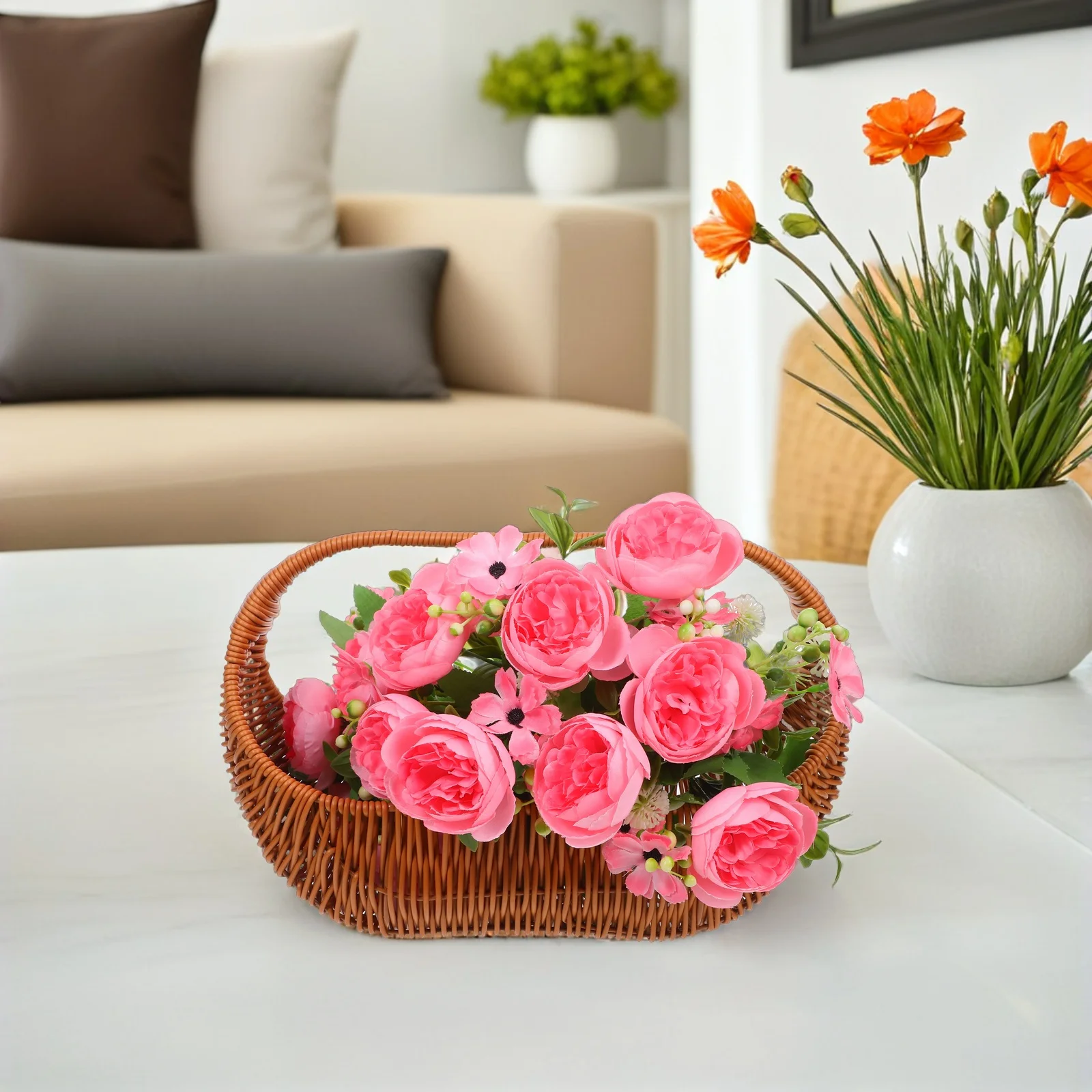 

Multipurpose Handwoven Imitation Rattan Basket with Handle Rustic Picnic Flower Fruit Storage Organizer Wedding Flower Girl