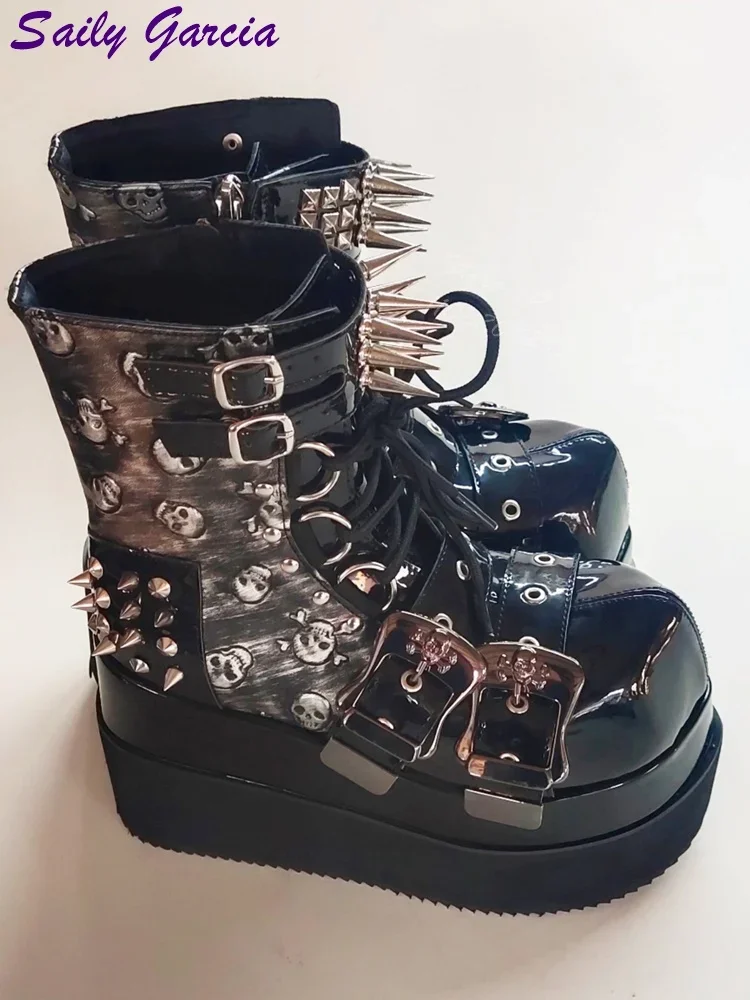 Pointed Rivet Ankle Boots Skull Round Toe Belt Buckle Platform Boots Side Zipper 2025 Women Punk Shoes Increase Height 12cm