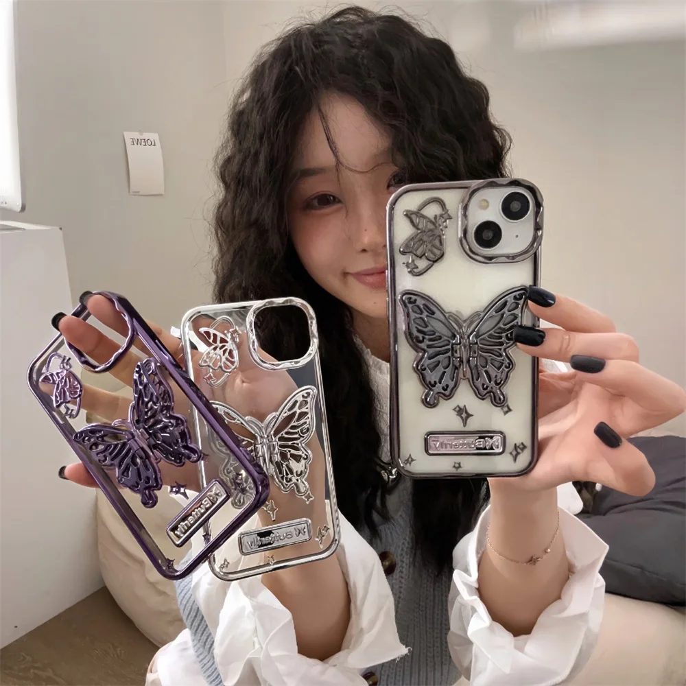 

Electroplated 3D Butterfly Bracket Holder Phone Case For iPhone 14 15 Pro Max Case iPhone 12 13 Pro Max Shockproof Clear Cover