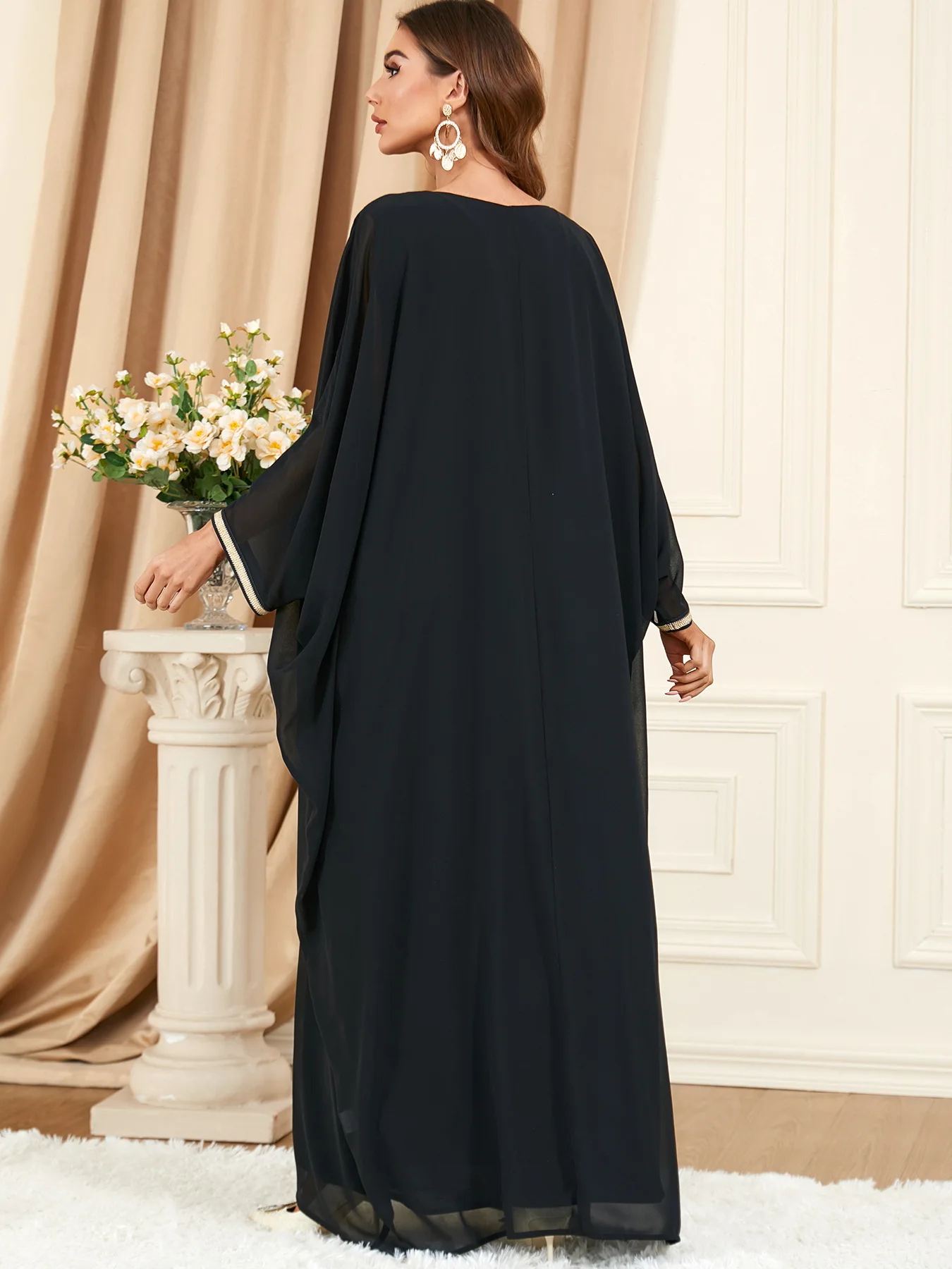 Embroidery Solid Muslim Dresses Women O-Neck Casual Long Dress Loose Batwing Sleeve Elegant Female Clothes Spring Summer
