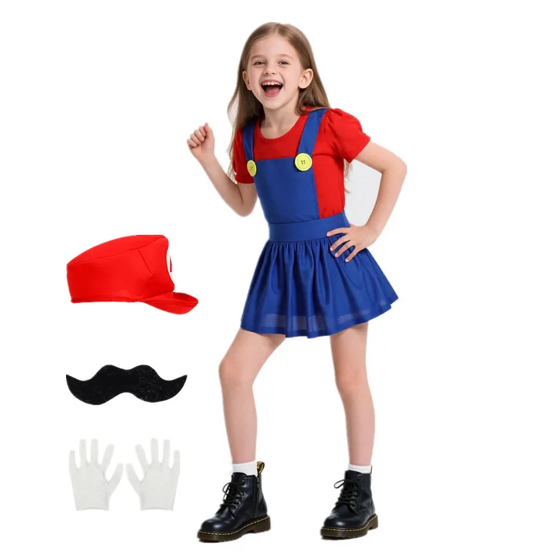 

Костюм сантехника для девочек, платье с подтяжками на пуговицах, шляпа, перчатки, усы для игры, косплей, ролевая игра, красный, зеленый