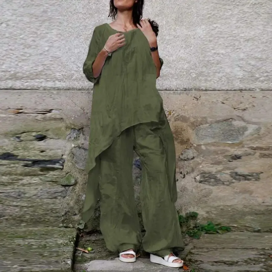 Women Eid Muslim Sets Ensemble Two Pieces Cotton Linen Shirt Kaftan Solid Blouses Wide Leg Pants Arab Islam 2024 Outfit Suits