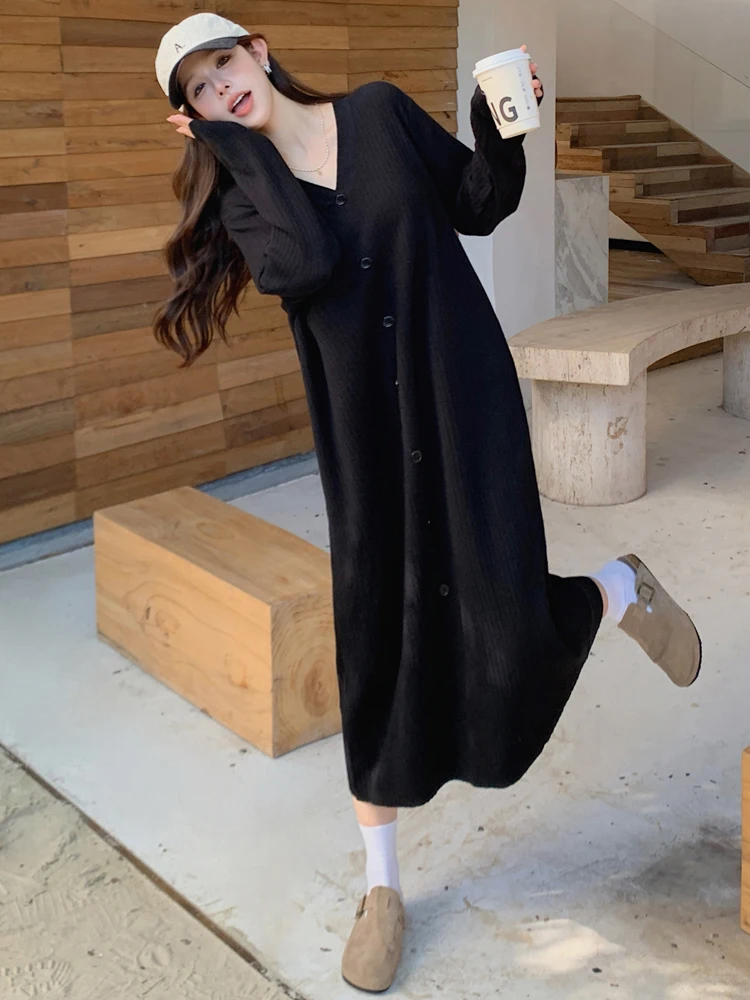 NYFS 2024 Autumn Winter New Korea Woman Dress Vestidos Elbise Loose Plus Size V-neck knitting Bottoming Long Dresses