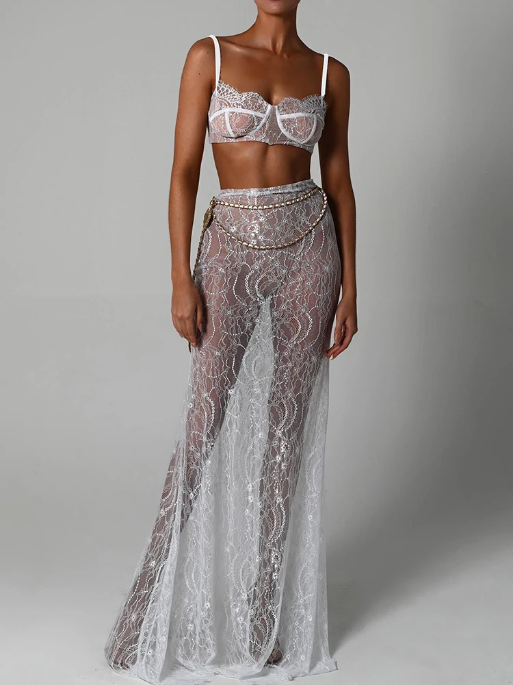 Mozision See Through Lace Set gonna a due pezzi donna Crop Top e Maxi gonna Set elegante Party Beach Sexy Set a due pezzi