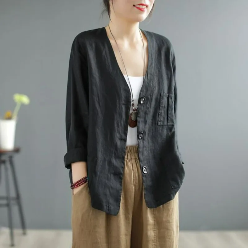 

Chinese Style Splicing Slimming Pocket Patch Jackets for Women Summer New Linen V-neck Retro Short Jacket Coat Woman